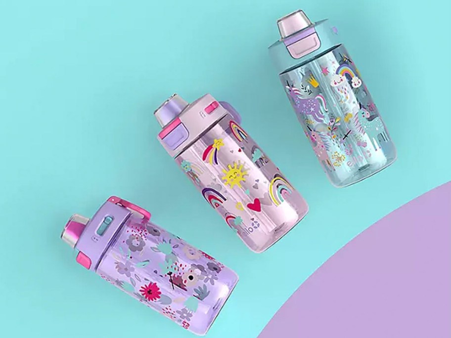 purple, pink and blue ello floral water bottles 