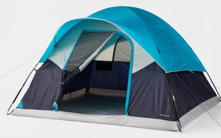light blue, dark blue and grey 6 person dome camping tent