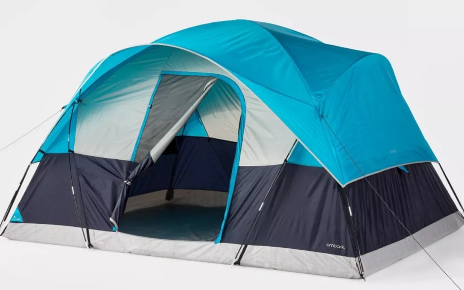 light blue, dark blue and grey 8 person dome camping tent