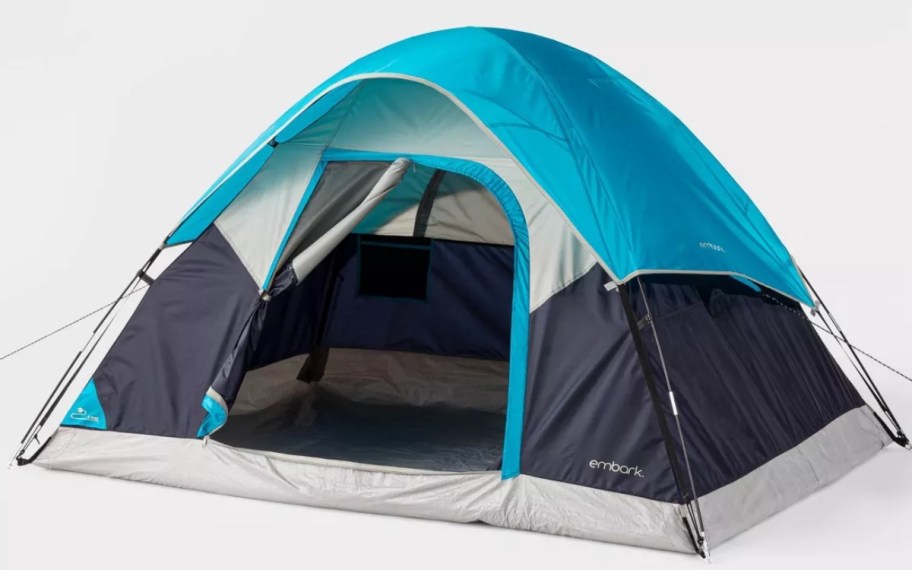 light blue, dark blue and grey 2 person dome camping tent