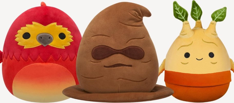 fawkes the phoenix, the sorting hat, and mandrake squishmallows