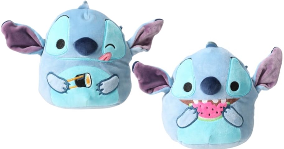 Stitch Squishmallow - 1 person holding sushi and chopsticks and 1 person eating watermelon slices