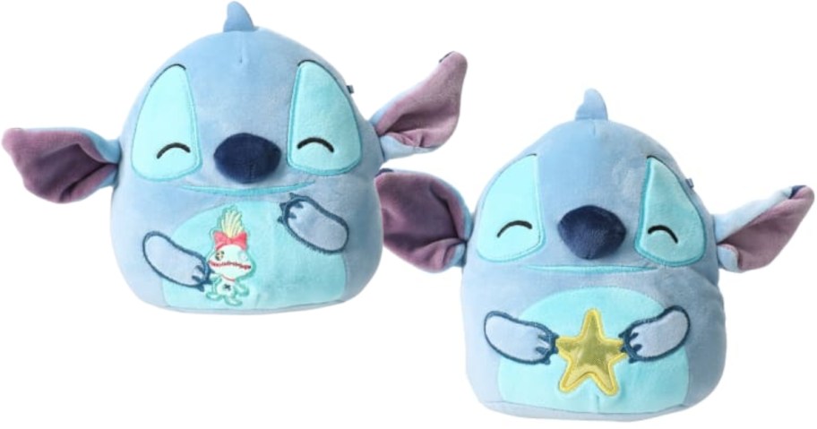 Stitched Squishmallows – one with a scrum embroidered on the belly and one with a starfish embroidered on the belly.