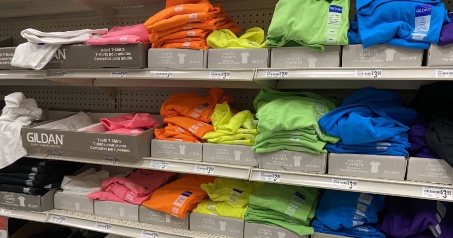 gildan shirts in store on shelves