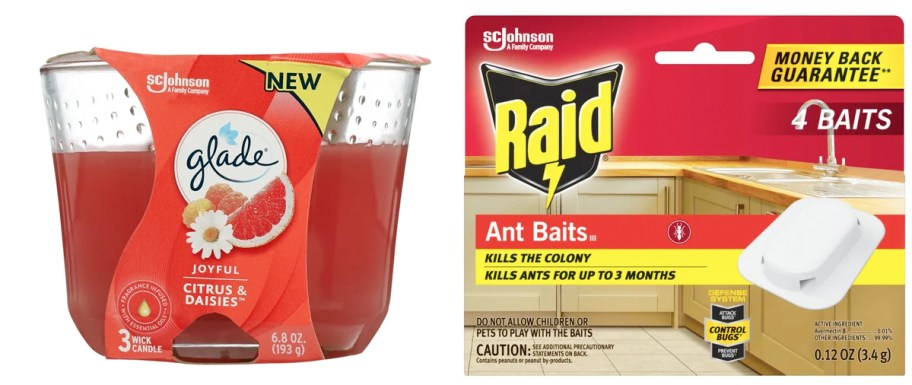 3 wick glade candle and raid ant bait box 