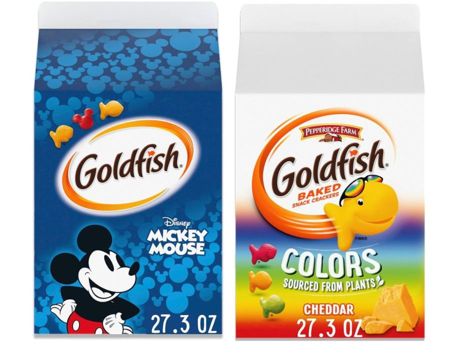 large box of goldfish mickey mouse crackers next to large box of goldfish baked colors crackers