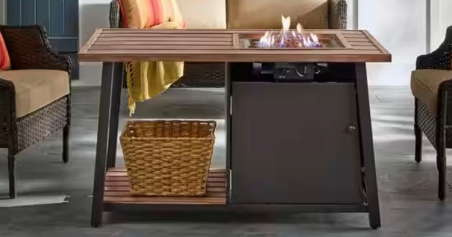 wooden and metal firepit coffee table with basket 