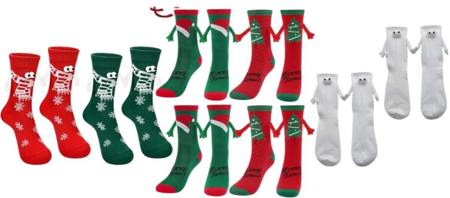 three sets of hand holding socks
