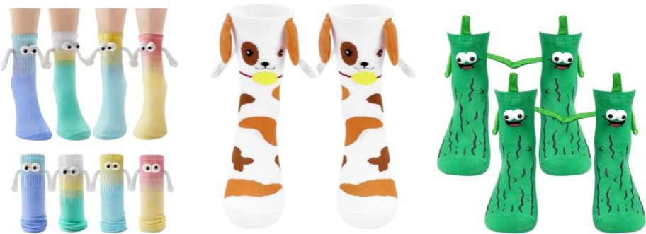 three sets of hand holding socks