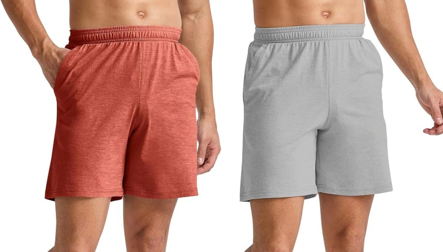 two men wearing red and gray shorts