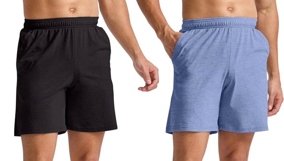 two men wearing black and blue shorts 