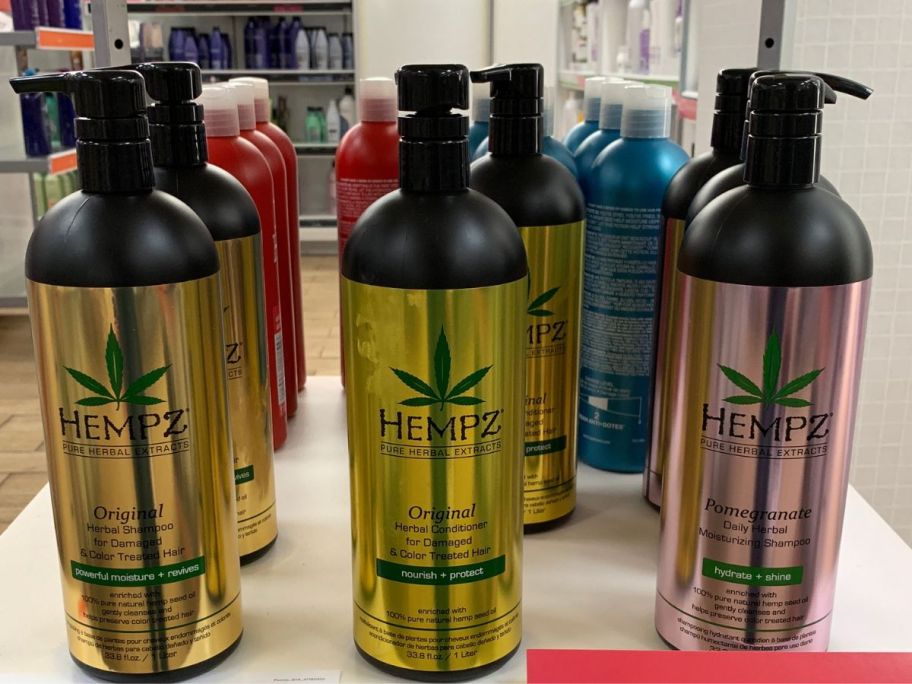 hemps shampoo and conditioner liters on shelf in store