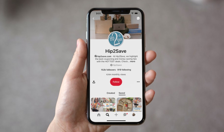 hand holding phone with hip2save pinterest on screen