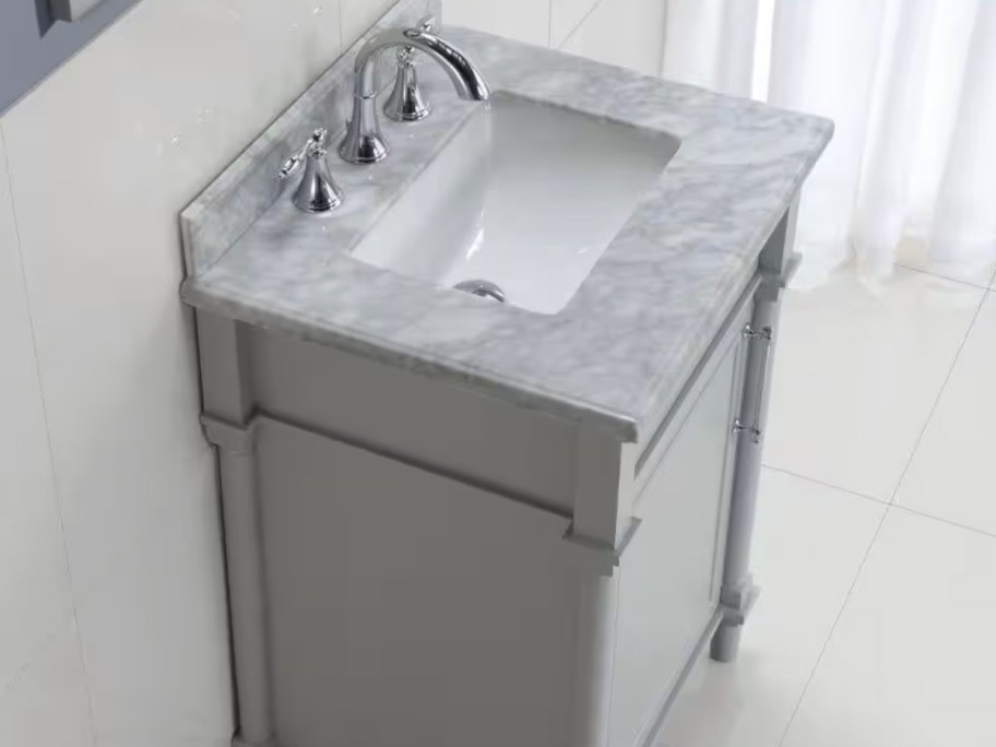 gray marble vanity in bathroom 