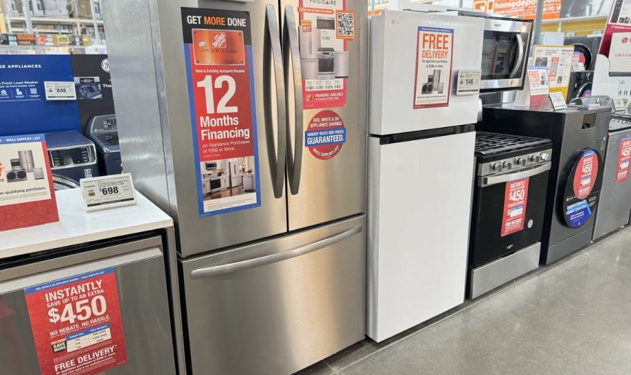 various major kitchen appliances on desiplay at home depot