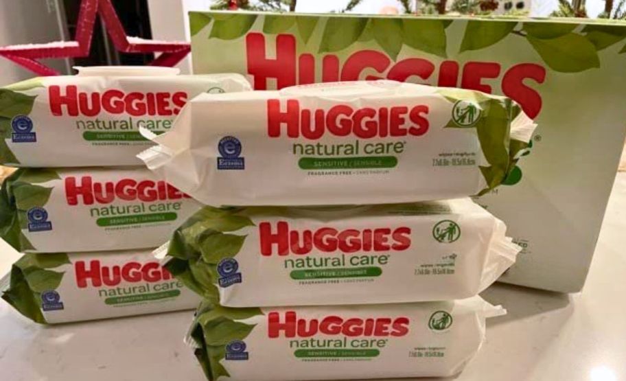 stacked pop up packs of huggies natural care baby wipes