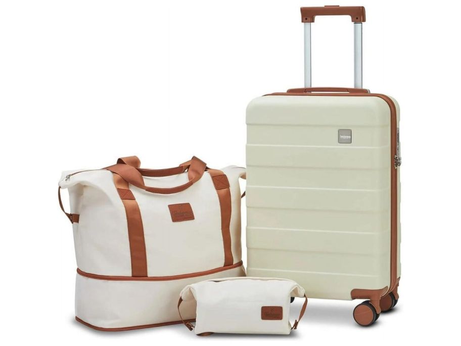 A 3-piece carry-on luggage set in white and tan