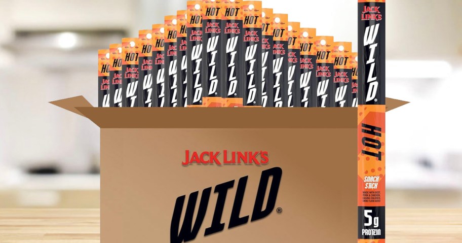 box of jack links wild hot beef sticks on table