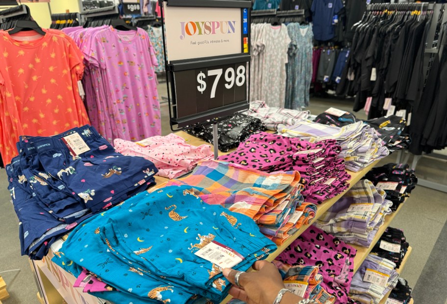 pajama shorts on display table at Walmart
