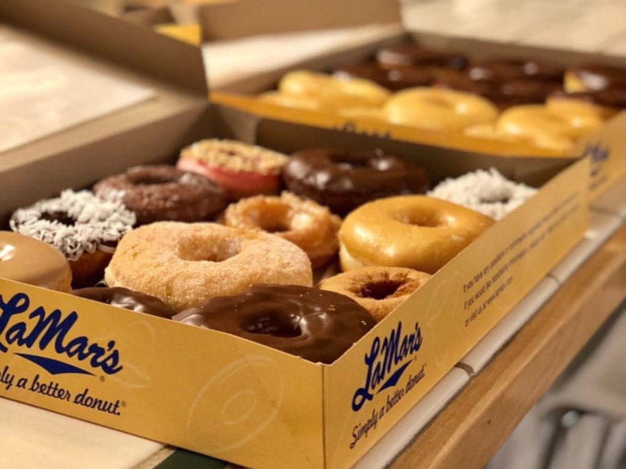 one dozen donuts in a tan box