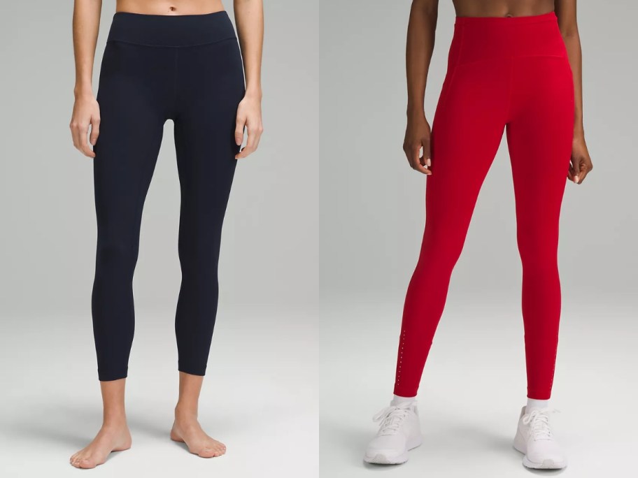 women wearing blue and red lululemon leggings