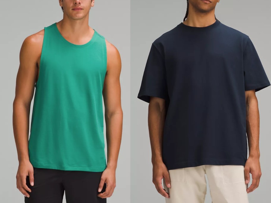 man wearing a green tank top and black pants next to a man wearing a navy t-shirt and off white shorts