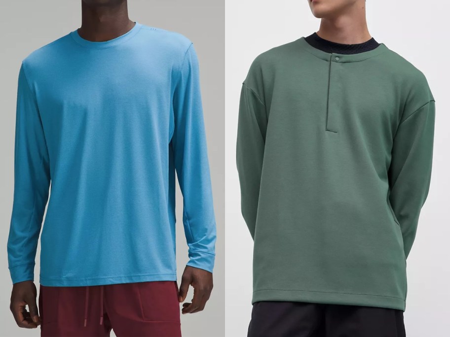 man wearing a light blue long sleeve tee next to a man wearing a light green henley shirt