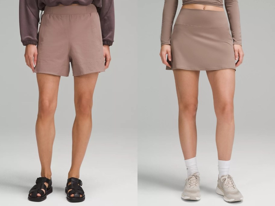 woman wearing taupe shorts next to a woman wearing a taupe mini skirt