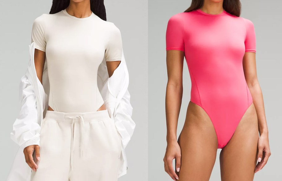 women modeling white and pink bodysuits