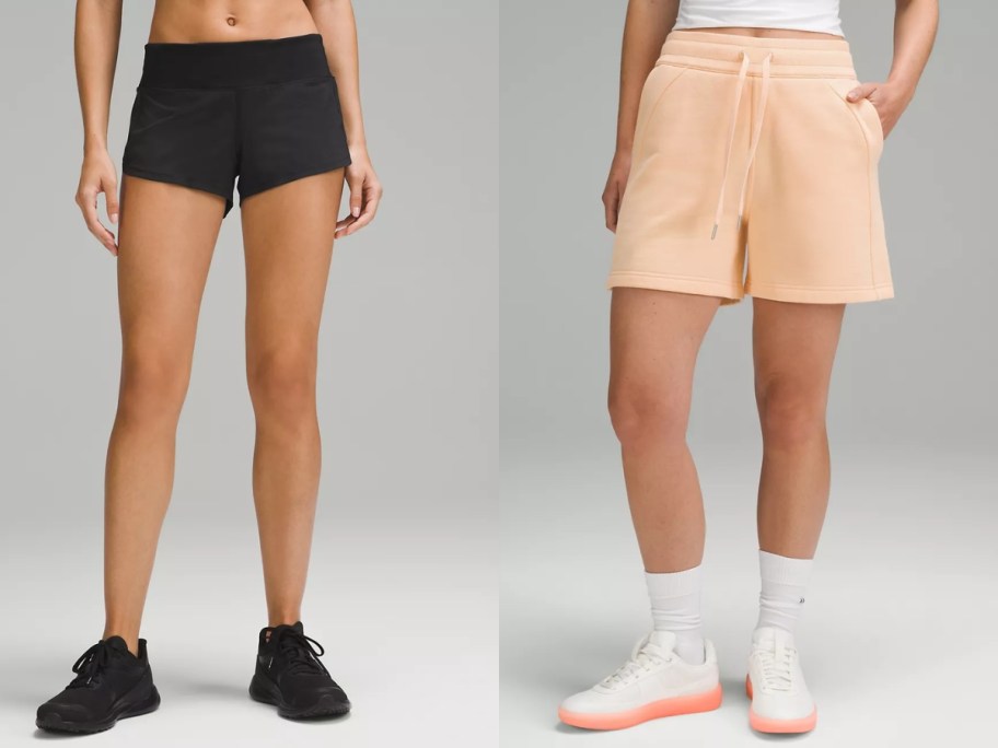 woman wearing short black shorts next to a woman wearing longer peach shorts