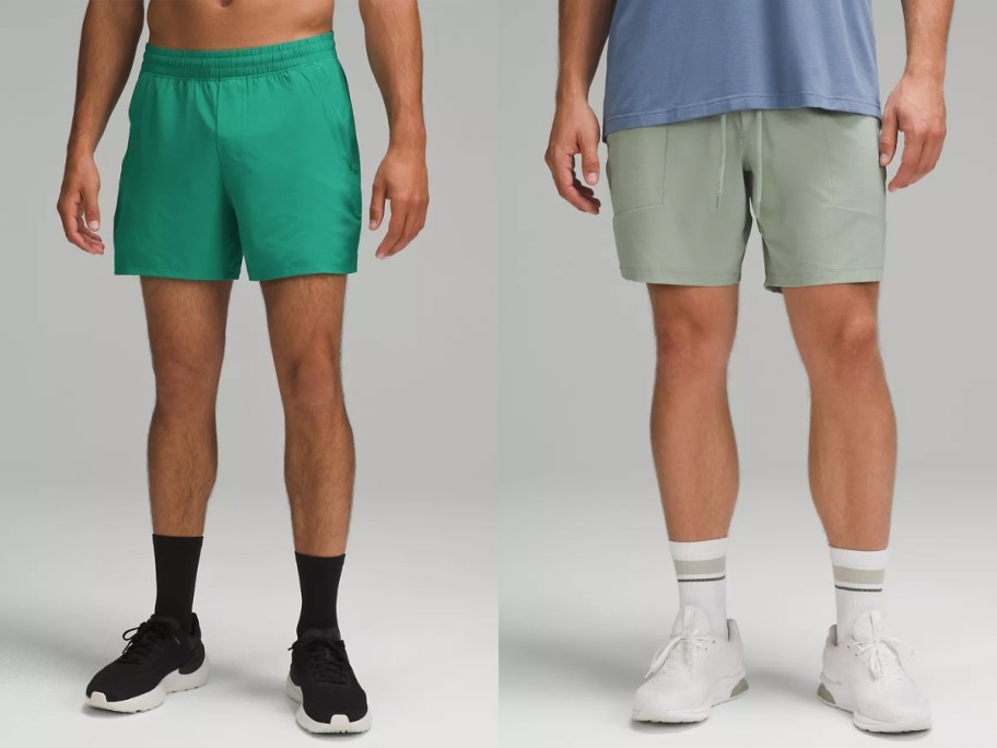 man wearing kelly green shorts next to a man wearing pale green shorts