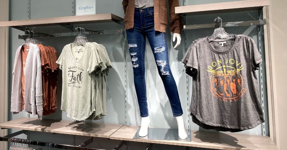 maurices graphic tees on display in store