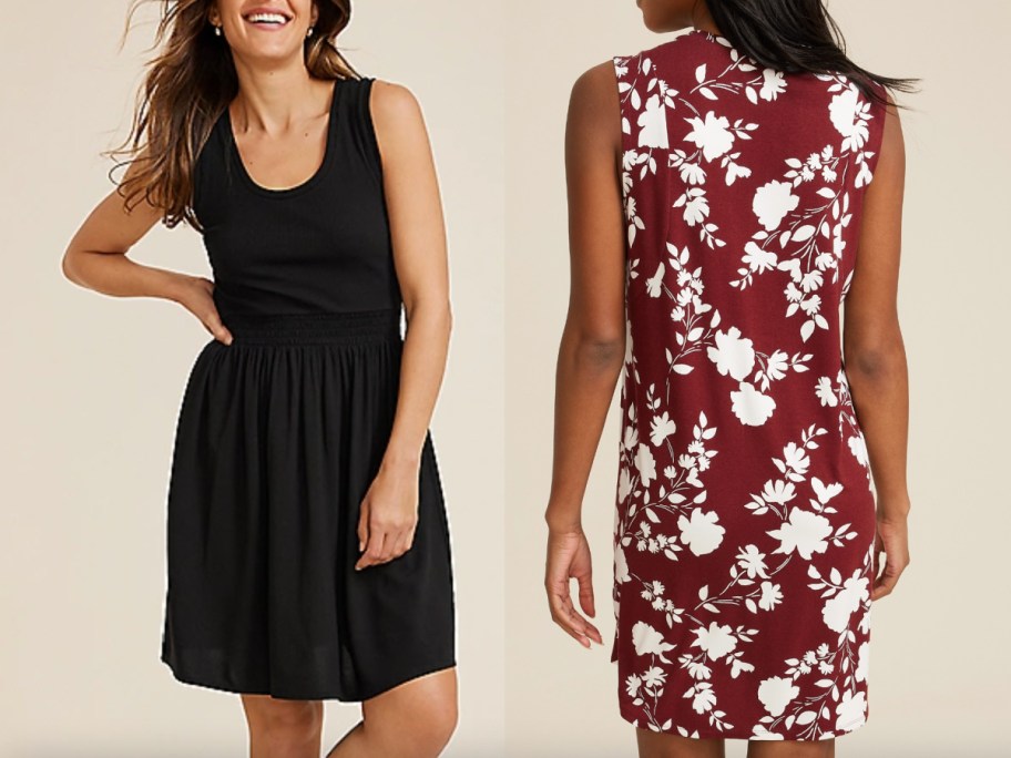 women in maron floral and black dresses