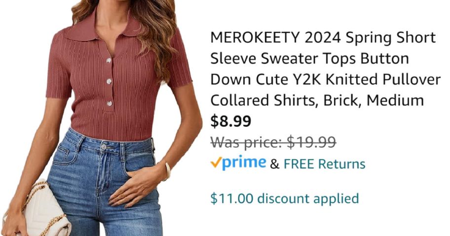 woman wearing brick colored polo next to Amazon pricing information
