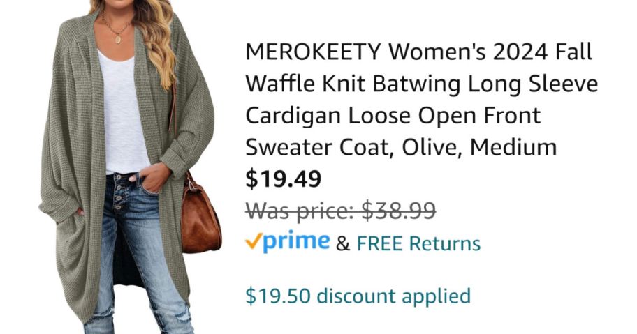 woman wearing green cardigan next to Amazon pricing information