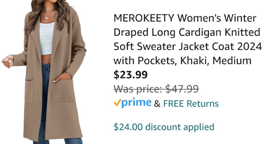 woman wearing tan cardigan next to Amazon pricing information