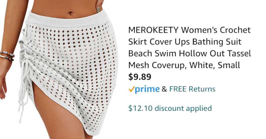 woman wearing white skirt next to Amazon pricing information