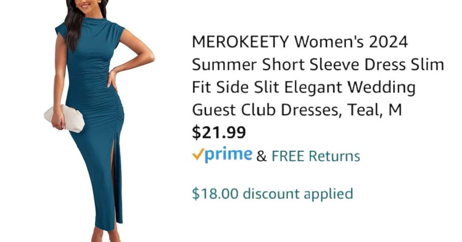 woman wearing long green dress next to Amazon pricing information