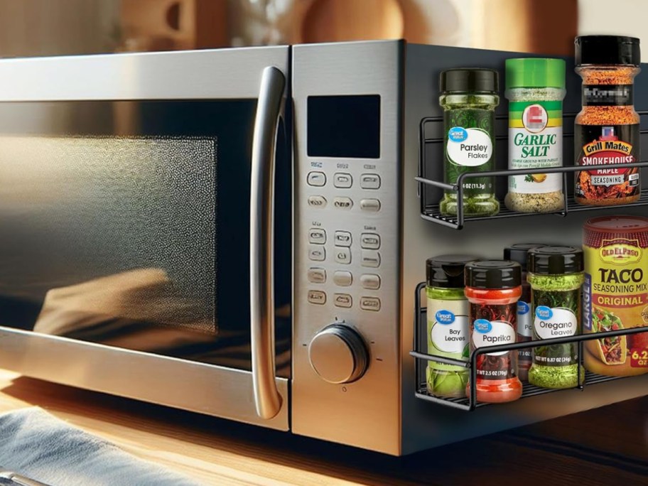 microwave with spice rack on the side of it