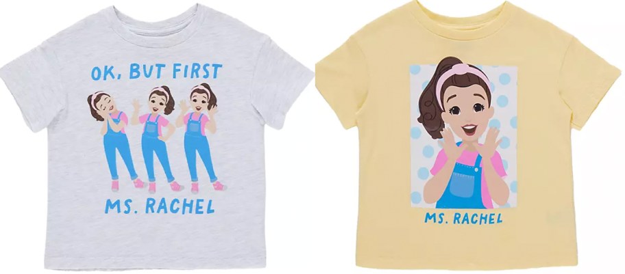 two ms rachel tees in gray and yellow