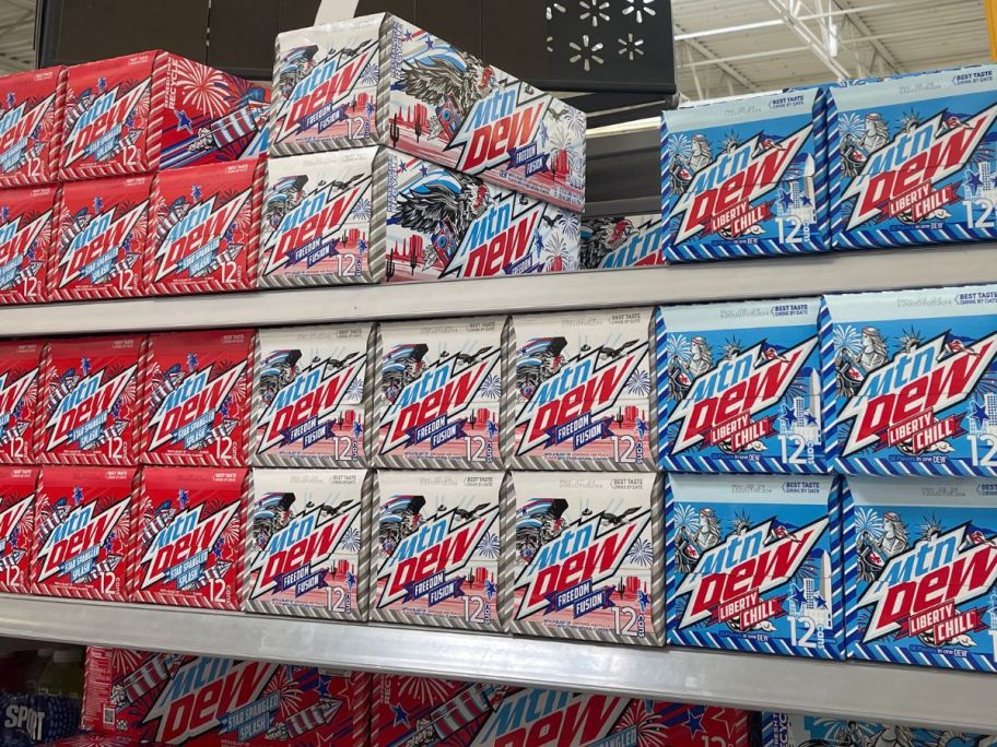 mountain dew red, white, and blue 12-pack can cases on store shelf