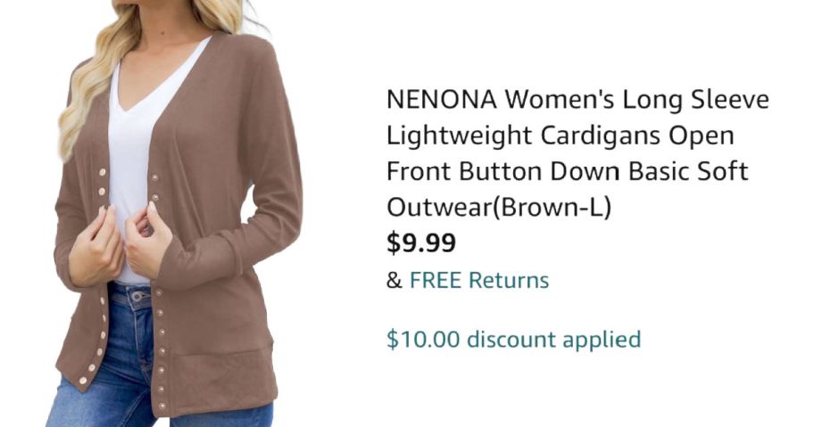 woman wearing tan cardigan next to Amazon pricing information