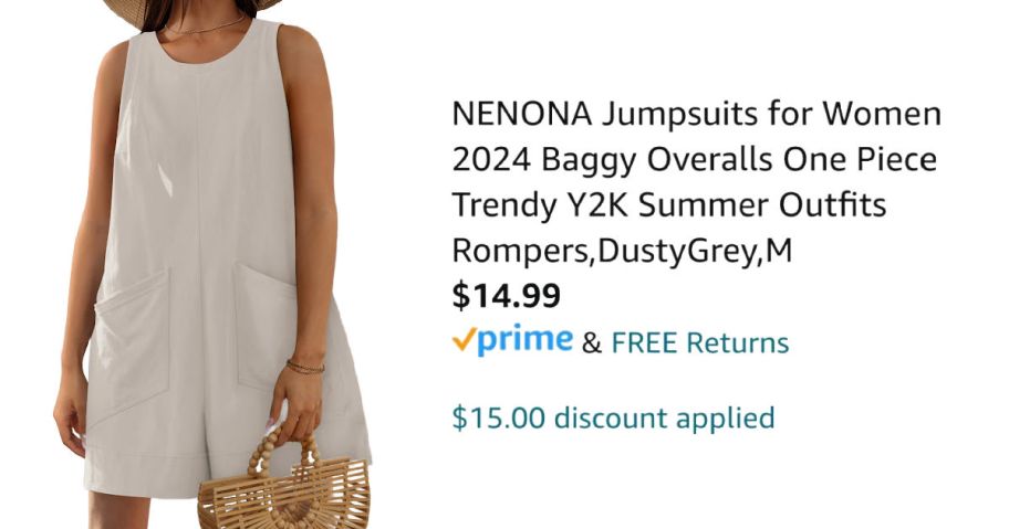 woman wearing gray romper next to Amazon pricing information