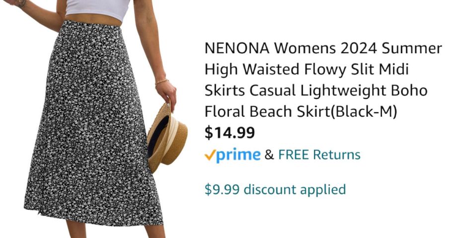 woman wering skirt next to Amazon pricing information