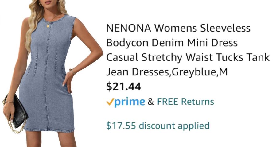 woman wearing denim dress next to Amazon pricing information