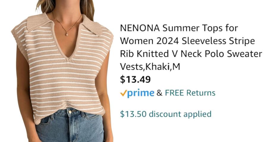 woman wearing striped sweater next to Amazon pricing information