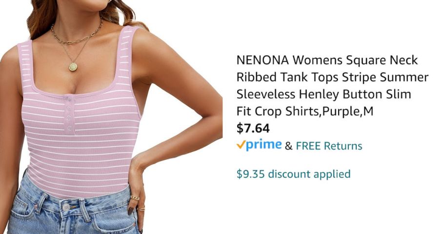 woman wearing pink tank top next to Amazon pricing information