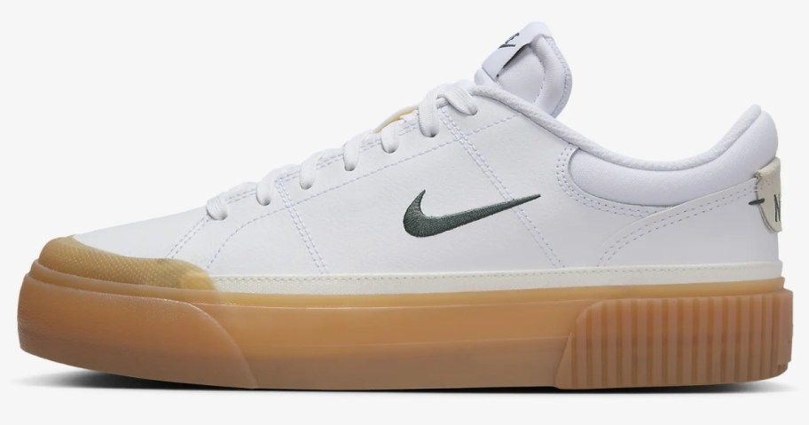 women's Nike court lift shoe in white with tan soles.