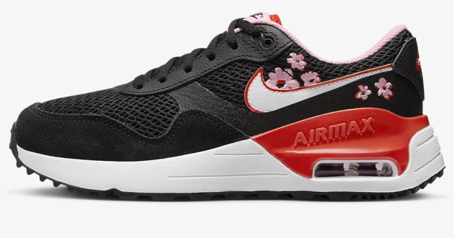 kid's Nike Air Max shoe in black with red and white accents and flowers