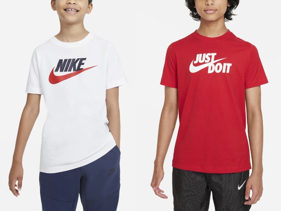 boys wearing white and red Nike logo t-shirts